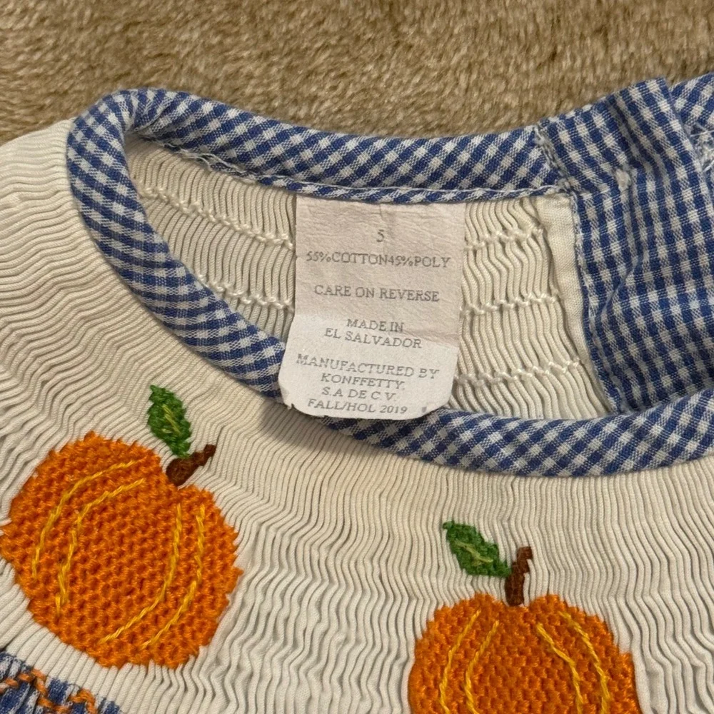 Southern Smocked Company Girls Blue Gingham Pumpkin Smocked Dress Size 5 Fall